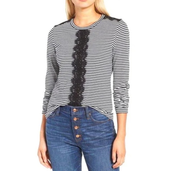 J.Crew Tops - JCrew Black White Stripe Lace Trim Long Sleeve Top Womens Size Small